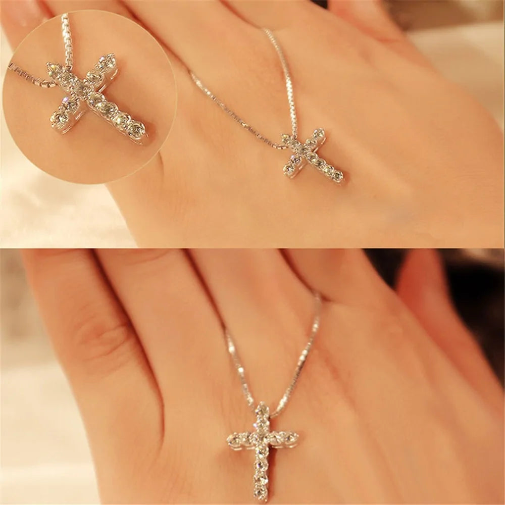 Crystal Cross Pendant Silver Chain Necklace - Fashionable Women's Jewelry Gift