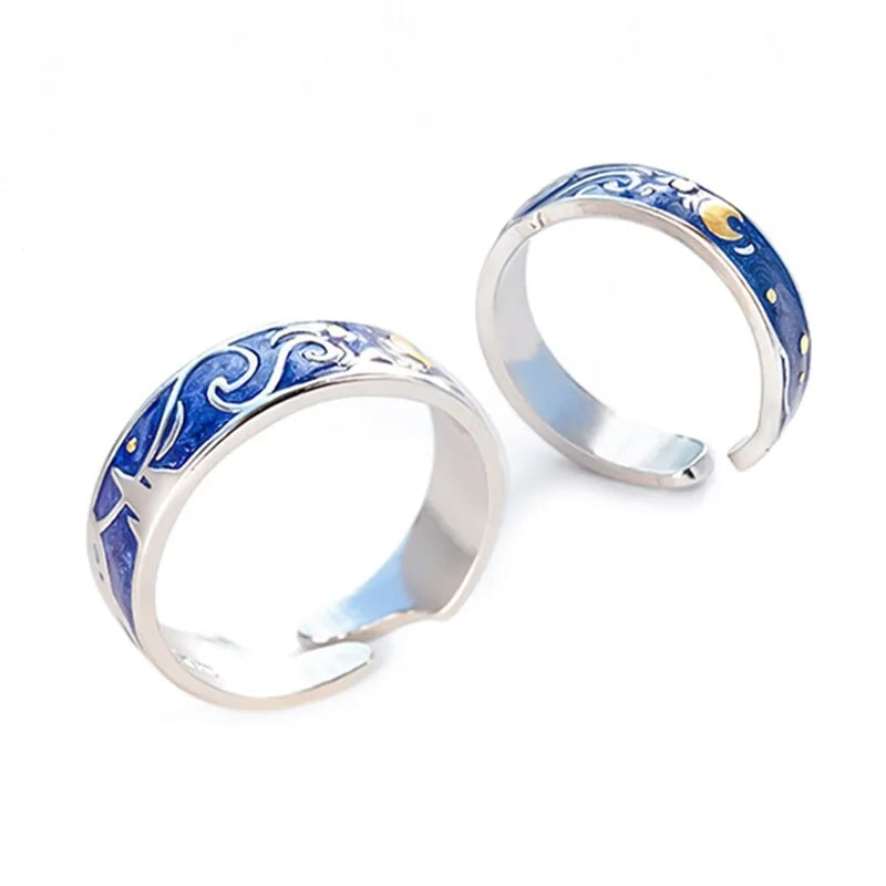 Adjustable Van Gogh Starry Night Couple Rings: Silver with Blue Stars - Valentine's Jewelry