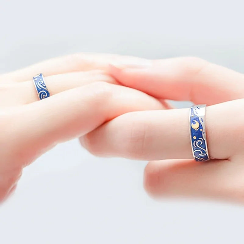 Adjustable Van Gogh Starry Night Couple Rings: Silver with Blue Stars - Valentine's Jewelry